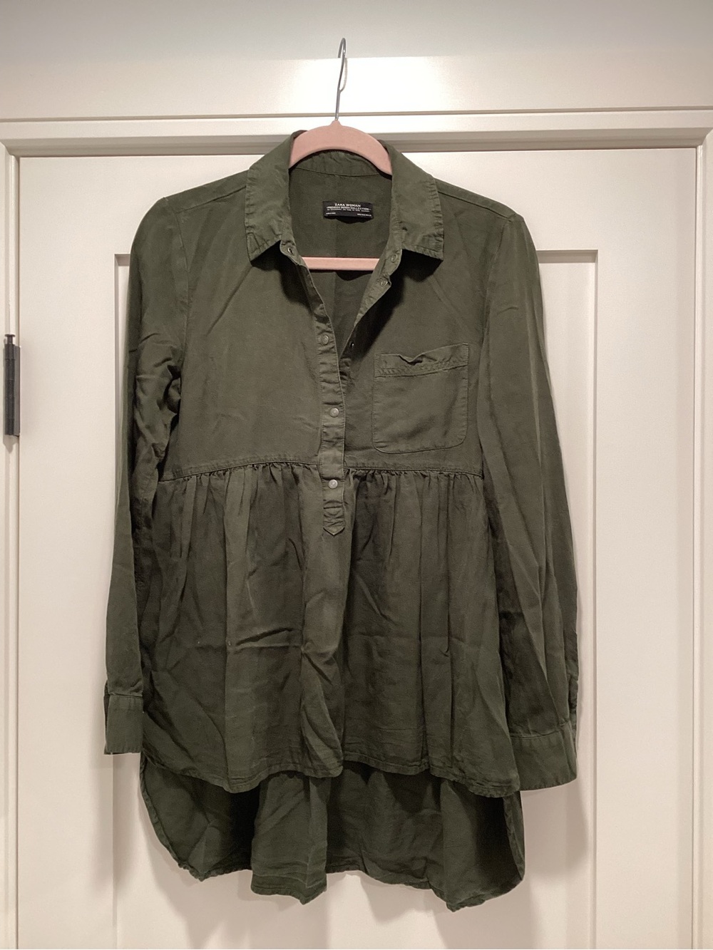 Zara Olive Green Long-Sleeve Peplum Button-Up Tunic